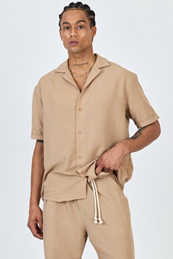 MADZEYMODA Premium Men's Summer Comfortable Fit Short Sleeve Shirt & Pants Bottom Top Light Coffee Linen Suit Ls-5698