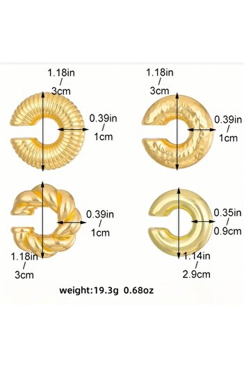 Accessories Vanilla Avenue 4'Lü Minimalist Oval Patterned Golden Yellow Daily Use Women's Earrings Set