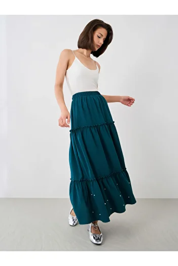 Styli Faux Pearl Embellished Hem A-Line Maxi Skirt