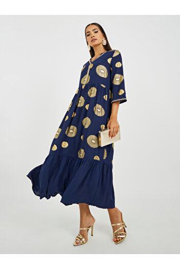 Keenly By Styli Foil Print Ruffled Hem V-Neck A-Line Jalabiya