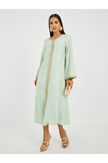 Keenly By Styli Foil Polka Dot Print Lace Insert Long Sleeve Jalabiya