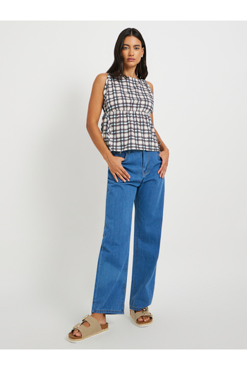 Styli Checked Sleeveless Boat Neck Blouse
