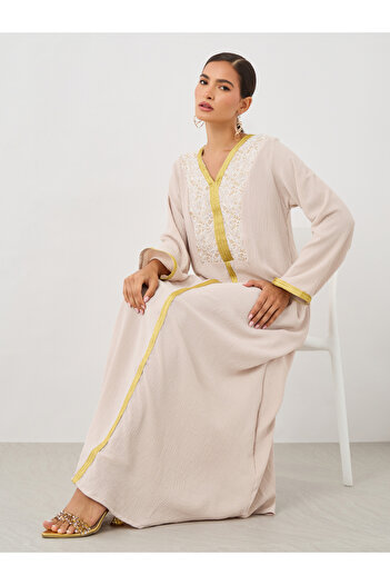 Styli Textured Embroidered A-Line Jalabiya with Lace Detail