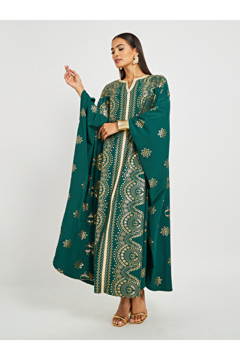 Keenly By Styli Printed Batwing Sleeve Notch Neck Kaftan