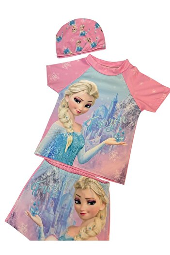 Şekerkids Girl's Pink Color Frozen Patterned T-Shirt Shorts and Bonnet Swimsuit Set