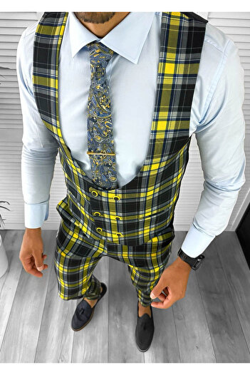 dehaine Men's suit, pants plus vest, yellow, checked, 12818