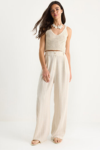 Bianco Lucci Women's Striped Stripe Detailed Pocket Linen Palazzo Trousers 3263 60281061