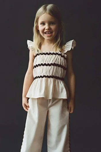 Magu Girls Linen Cream Ruffle Blouse and Wide Leg Pants Set