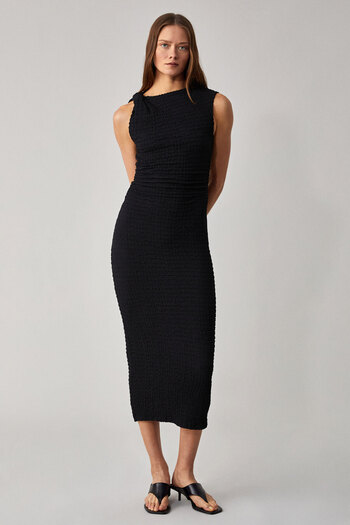 GRIMELANGE Morfy Women's Slim Fit Midi Length Crew Neck Sleeveless Black Dress