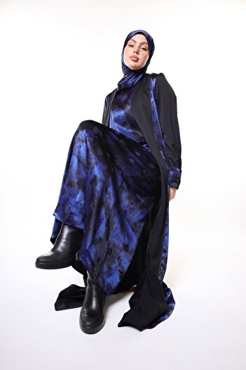 HARİKA WEAR Blue and Black Luxury Silk Ferace Set of 3 (Ferace-Dress-Shawl)