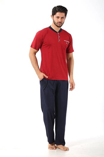 ALİMER Men's Crew Neck 3 Button Chest Pocket Cotton Lycra Seasonal Short Sleeve Pajama Set