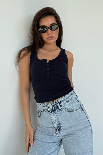 Madmext Navy Blue Buttoned Ribbed Undershirt Mg2453