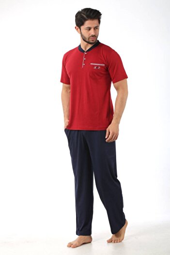 ALİMER Men's Crew Neck 3 Button Chest Pocket Cotton Lycra Seasonal Short Sleeve Pajama Set
