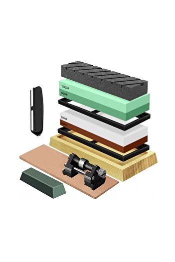 zola Knife sharpening kit, 9 pieces, 400/1000 and 3000/8000 stones, bamboo base, guide, finishing