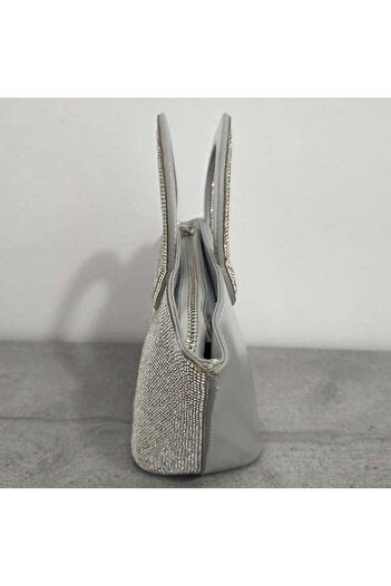 FashionForYou Geantă de seară trapez, cu lanț detașabil și cristale strălucitoare, argintie