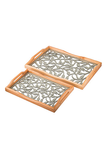 Dania A set of wooden trays and bowls with metal handles and a beautifully engraved glass-covered base.