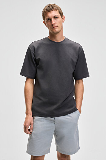 GRIMELANGE Chic Men's Relaxed Fit Textured Cotton Fabric Anthracite T-Shirt