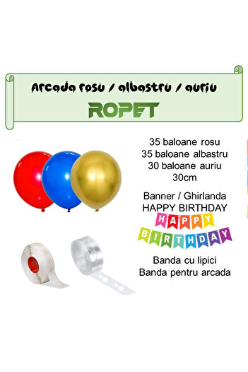 Ropet Balloon arrangement set for arch, Happy Birthday garland, 115 pcs, red, blue and gold