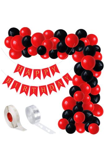 Ropet Balloon arrangement set for arch, Happy Birthday garland, 115 pcs, red and black