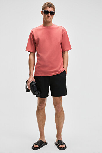 GRIMELANGE Chic Men's Relaxed Fit Textured Cotton Fabric Brick Color T-Shirt