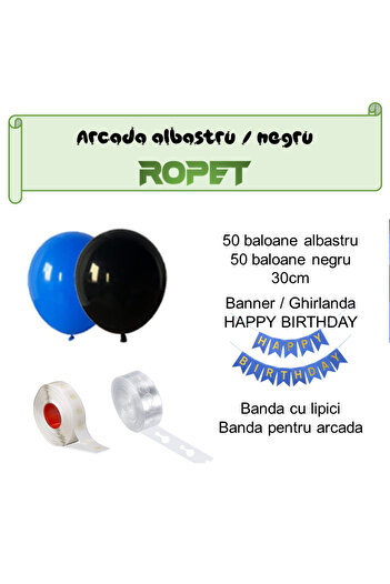 Ropet Balloon arrangement set for arch, Happy Birthday garland, 115 pcs, blue and black