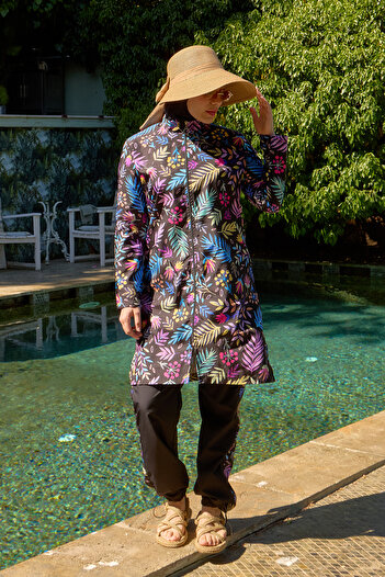 Starinci Mayo Fully Covered Hijab Swimsuit All Parachute Black Colored Flowers