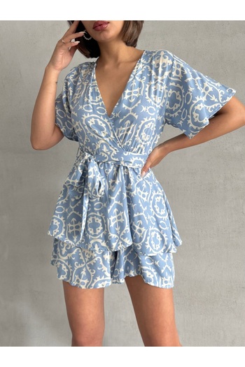 BEJNA Women's Blue Patterned Shorts Skirt Dress