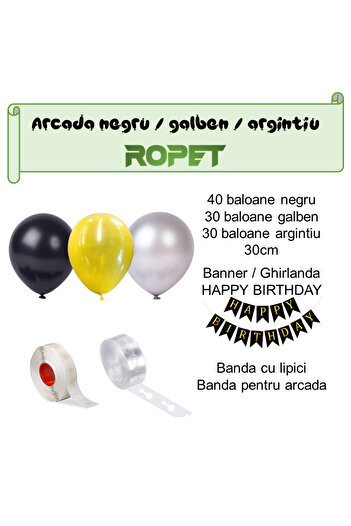 Ropet Balloon arrangement set for arch, Happy Birthday garland, 115 pcs, black, yellow and silver