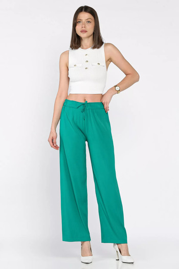julude Emerald Green Women's Elastic Waist Palazzo Trousers