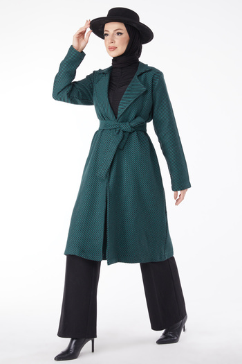 TOFİSA Green Belted Women's Stamp Coat - Plain Jacket Collar - 13115