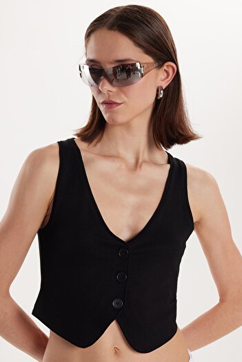 Tudors Women's Regular Fit Zero Sleeve V-Neck Buttoned Black Vest