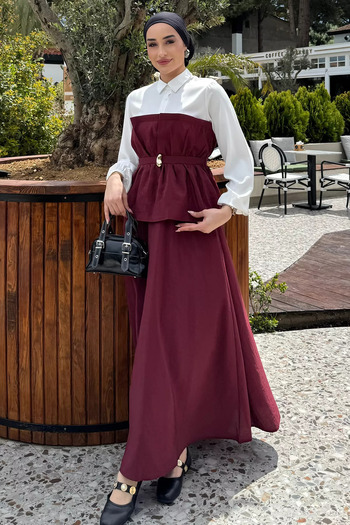 julude Claret Red Front Buckle Shirt Garnished Blouse Skirt Hijab Double Set