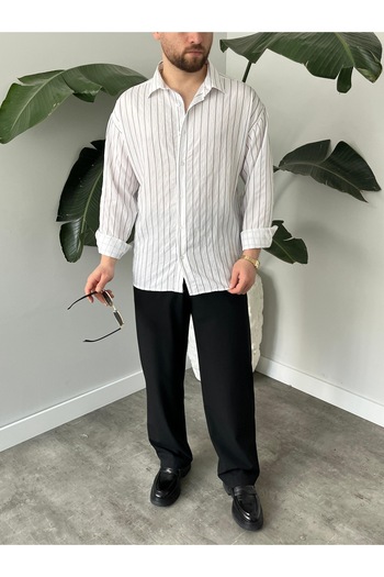 HAWKKİNG Men's Oversize Striped Modal Shirt