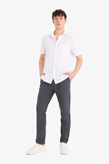 DeFacto %100 Pamuk Keten Görünümlü Pantolon Beli Lastikli Slim Fit Dar Kesim Cepli Düz Paça D2671ax25sm