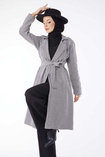 TOFİSA Women's Black Belted Stamp Coat - Plain Jacket Collar - 13115