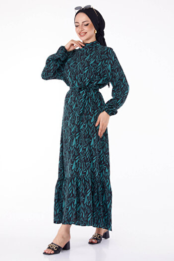 TOFİSA Green Patterned Straight Chief Collar Women's Dress - 25711