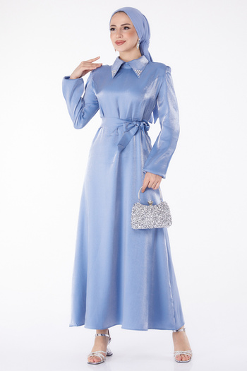 TOFİSA Blue Belted Plain Shirt Collar Women's Dress - 25406