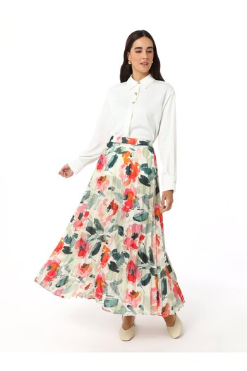 Refka Pleated Pink Floral Patterned Skirt - Refka