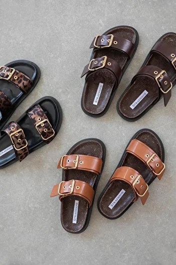 STRASWANS Gita Women's Buckle Detail Daily Comfort Leather Slippers Brown