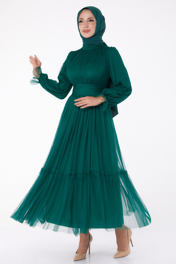 TOFİSA Green Tulle Straight Chief Collar Women's Evening Dress - 26189