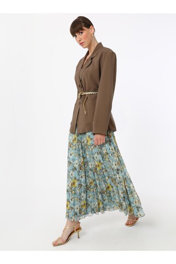 Refka Pleated Floral Printed Chiffon Skirt - Blue Patterned - Refka