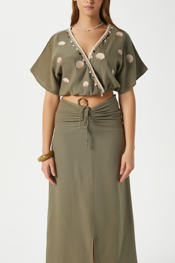 Ritnice Women's Nara Muslin Khaki Oyster Embroidered Blouse Skirt Bottom Top Set