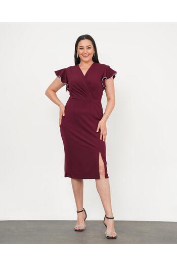 Butik Nilyam Women's Plus Size Double Breasted Collar Sleeve Stone Detailed Slit Midi Evening Dress 24771