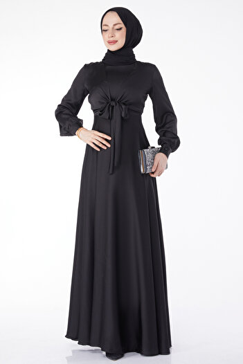 TOFİSA Front Tie Evening Dress Black - 25342