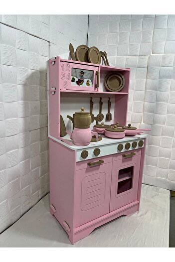 Özka Hobi Ahşap prenses pembe boyalı ahşap mutfak tencere ve tava setli