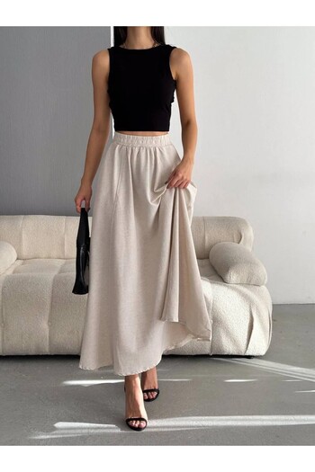 SLAW REZZ Women's Beige Linen Pocket Skirt Women Long Linen Skirt