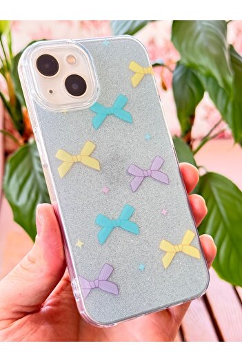 Fibaks Apple iPhone 13 - 14 - 15 Compatible Case Blue Glitter Colored Bow Patterned Glossy Shock Absorbing Cover