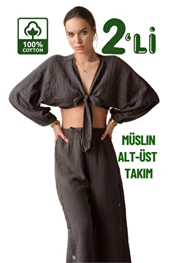 clavia Muslin Pants, Crop Bustier Bottom-Top Summer Two-Piece Set, Comfortable Fit Loose Wide Leg High Waist Pants