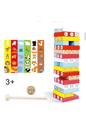 OEM Jenga Montessori wooden unstable tower game with animals, 51 pieces