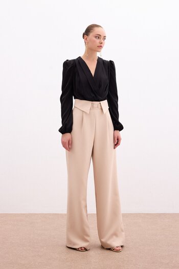 Sateen Wide Leg Trousers with Waist Detail - Beige